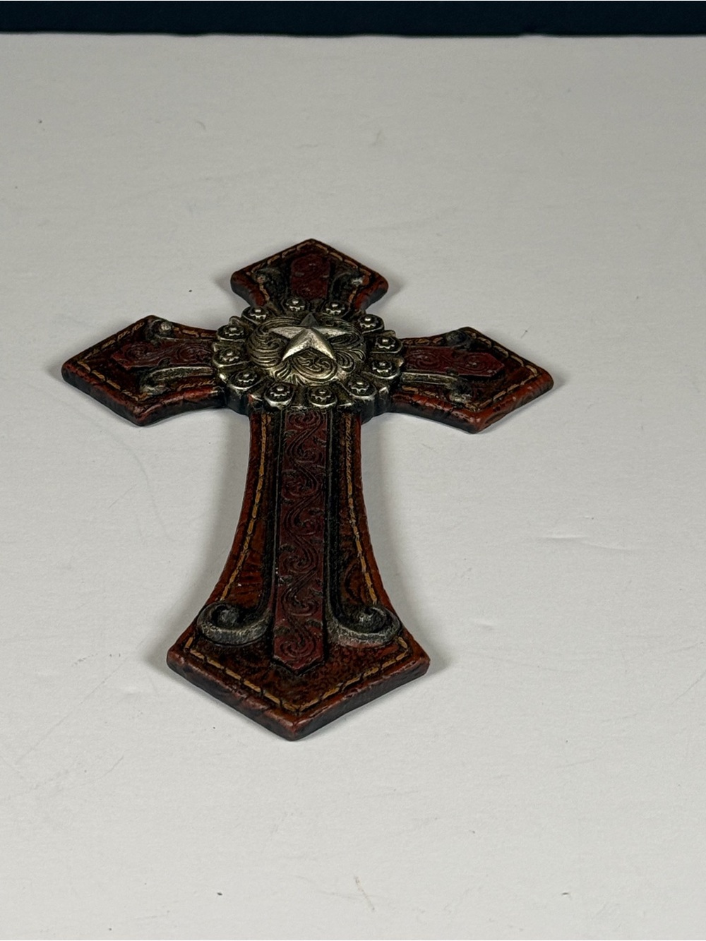 Western Texas Lone Star Tooled Leather Style Wall Cross Plaque 8.5" ✨